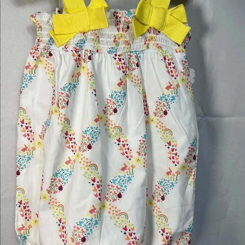 Lullaby Lane yellow and white Sleeveless smocked one piece romper 6-9 months NWT